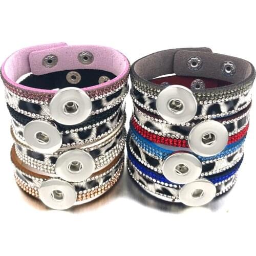 Fashion Leopard Bling Bling 330 Crystal Velvet Leather 18mm Snap Button Charm Bracelet Bangle Jewelry For Women Teenagers Gift
