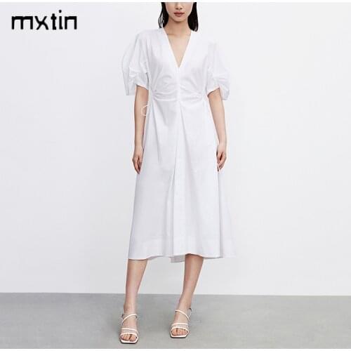MXTIN 2021 Women Summer Fashion White Drawstring Midi Dress Vintage V-Neck Short Sleeve Pleated Party Female Dresses Vestidos