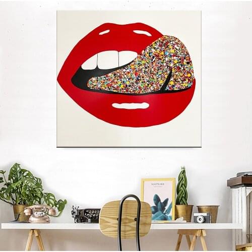 Wall Art Modern Graffiti Mouth Tongue Art Poster Prints Street Red Lip Graffiti Canvas Painting for Living Room Home Decoration