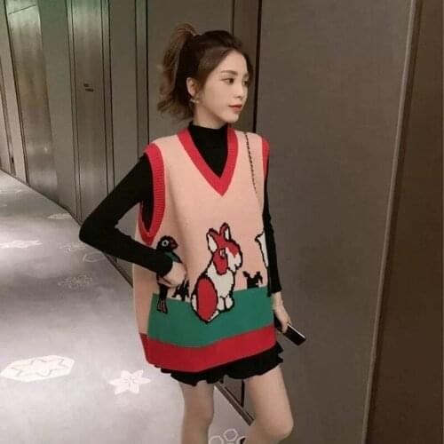 2021 New Spring and Autumn Korean Fashion Style V-neck Waistcoat Womens Rabbit Pattern Knitted Sweater Vest All-match Vests Y647