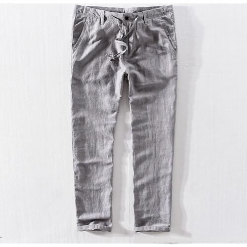 2018 Autumn spring linen long pants men striped elastic waist loose trousers mens plus 40 breathable pants male pantalones broek