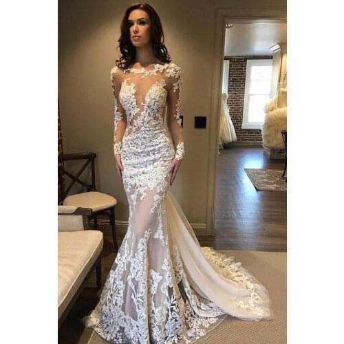 Sexy Illusion Mermaid Wedding Dress Appliques Lace Long Sleeve See Through Tulle Bridal Gowns Custom Made