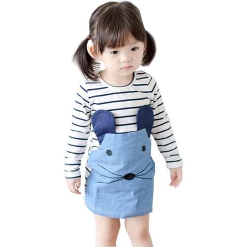 Spring Autumn Cotton Dress for 2-8 Years Girls Long Sleeve Stripe Children Princess Dress Girl Cute Denim Dress Long Tops