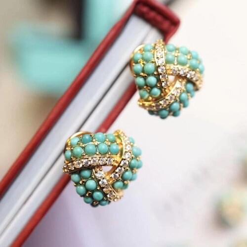 UBESTNICE Handmade S925 Natural Turquoise Zircon Gold Filled Geometric Triangle Stud Earrings Trendy Fine Jewelry for Women Gilr