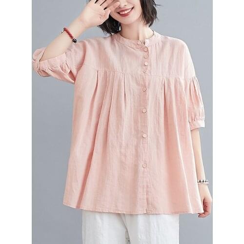 Oversized Women Cotton Linen Casual Shirts New 2021 Summer Vintage Style Stand Collar Loose Female Short Sleeve Tops S3753