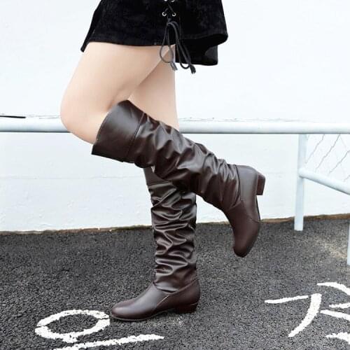 Womens Pu Leather Knee High Boots Black Low-mid-heeled Fashion Female Thigh High Boots Platform Solid Round Toe Size 35-43