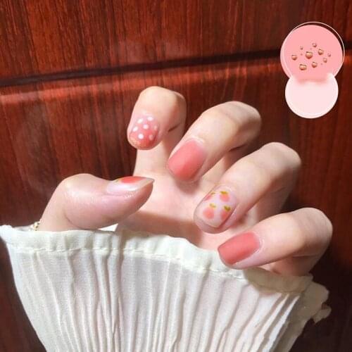 24Pcs Peach Summer Pearl Short Fake Nails Full Cover Nail Art False Nails Glue Finger Nail Manicure Decoration