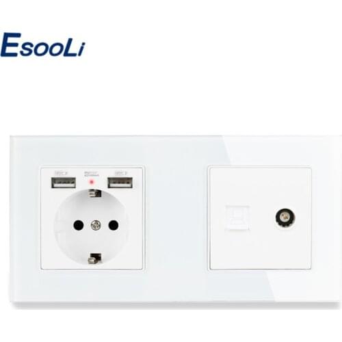 Esooli Crystal Glass Panel EU Standard Electric Socket with 2 USB + Female TV Connector With CAT5E RJ45 Internet Computer Data