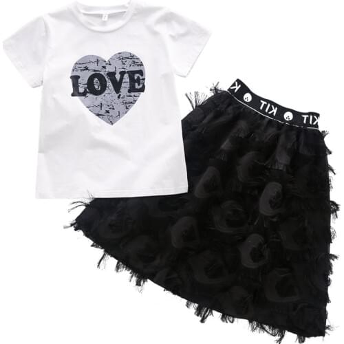 Summer Girls Set Kids Clothing Sets Teen Girls 2 Pcs Clothes Suit 6 8 10 12 Years White Heart Print T-Shirt + Skirts