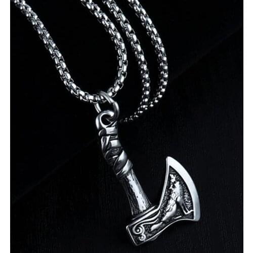 HNSP Viking Axe Pendant Chain Necklace For Men Male Punk Goth Jewelry Gift