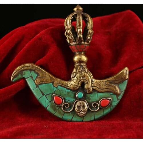 From Tibetan temple, handmade copper inlaid with gemstone Dorje vajras axe dharma-vessel