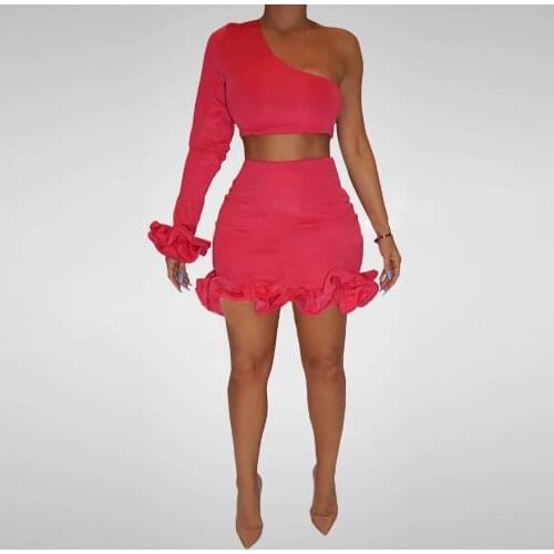 XLLAIS Sexy Ladies Club Dress Sets One Shoulder Long Sleeve Top And Ruffle Skirts Two Piece Outfits For Women Macthing Clothes