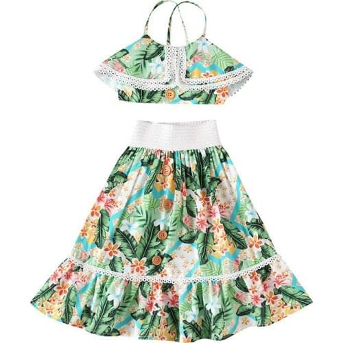 Citgeett Summer Kids Girls Suit Set Floral Print Sleeveless Spaghetti Strap Tops+ Long Skirt Green Clothes Set