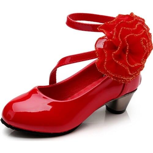 Fashion High Heel Childrens Leather Shoes Girls Flower For Princess Wedding Big Kid Dance Shoes 3 4 5 6 7 8 9 10 11 12 Year Old