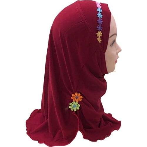 Sew Embroidered Flower Girls Muslim Instant Hijab Stretch Smooth Islam Amira Cap Beautiful Ready To Wear For Ages 2-7 Kids