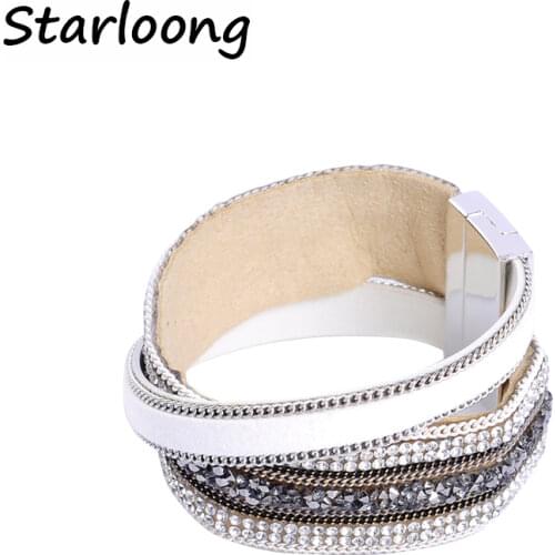 New Fashion Multi-layer PU Leather Bracelet with Rhinestone Stone Beads Magnetic Clasp Women Wrap Masculina Bijoux Bracelet