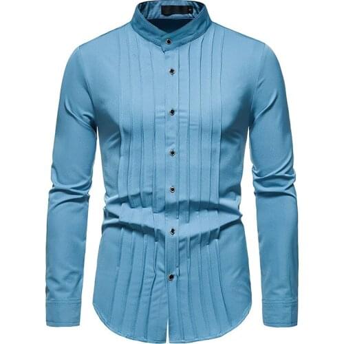 PARKLEES Black Long Sleeve Tuxedo Shirts for Men Elegant Henry Collar Pleated Slim Fit Mens Dress Shirt Wedding Groom Party