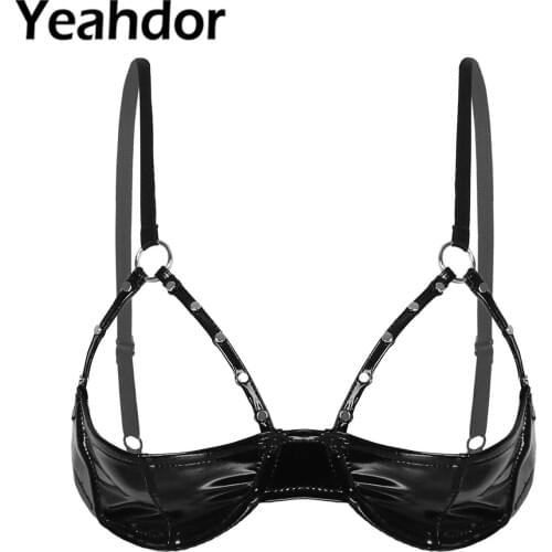 Sexy Black Shiny Patent Leather Lingerie Bra Rivet Strap Underwire Low Cut Bralette Push Up Open Cup Bra for Lingerie Night