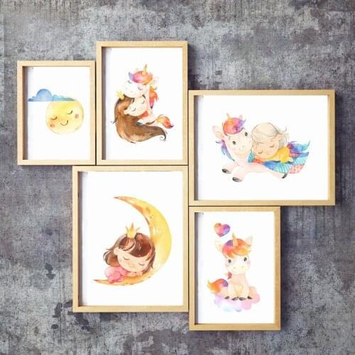 Nordic Posters And Prints Cute Colorful Girl Moon Cloud Unicorn Wall Art Canvas Painting Cartoon Wall Pictures Kids Room Decor
