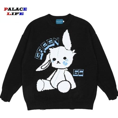 Hip Hop knitted Sweater Men Women Sad Rabbit Oversized Pullover 2021 Autumn Streetwear Fashion Loose Knitted Sweater Cotton Hole