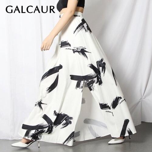 GALCAUR Casual Print Skirt For Women High Waist Hit Color Side Split Ankle Length A Line Skirts Female 2021 Clothing Autumn