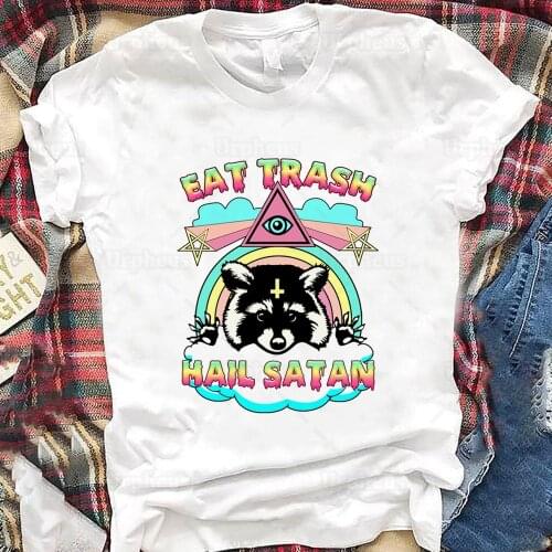 Funny Trash Raccoon T Shirt Eat Trash Hail Satan Shirts Aesthetic Top Tees