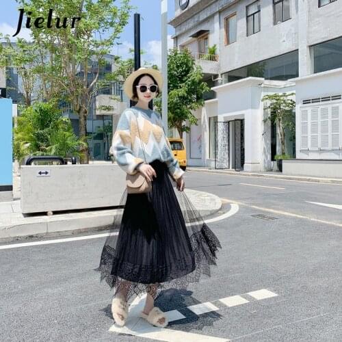Jielur 2021 New Pleated Skirt Women Dual-use Solid Color Elastic High Waist Autumn Winter Velvet Skirts Slim Mesh Tulle Skirt