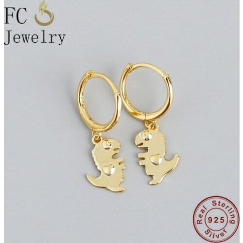 FC Jewelry Real 925 Silver Unusual Gold Color Animal Uneven Dinosaur Pendant Hoop Earring For Women Ear Pierces Accessories 2020