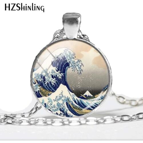 2018 NEW The Great Wave Necklace Japanese Artist Painting Pendant Handmade Jewelry Round Glass Cabochon Necklaces HZ1