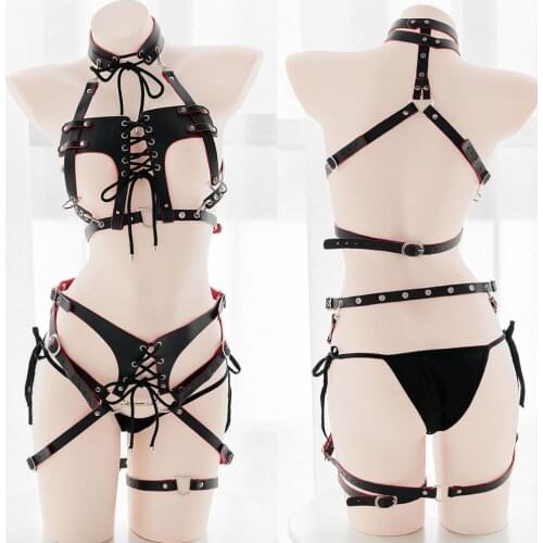 2021 Girl PU Leather Hollow Out Strap Binding Fetter Lingerie Set Anime Maid Sexy Female Bikini Underwear Suit Gothic Style Hard