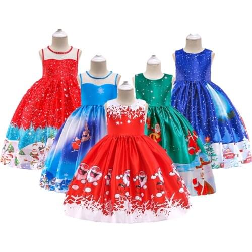 2021 Christmas Party Girls Dress Cartoon Santa Claus Snowflake Lace Princess Dresses For Girl Children Birthday Present