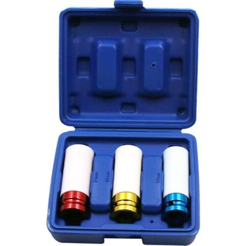 3Pcs Auto Car 1/2" 17mm/0.67in 19mm/0.75in 21mm/0.83in Alloy Thin Wall Wheel Nut Deep Impact Socket Drive Set Gift Box Tool