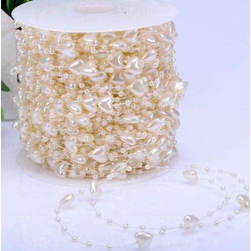 60 Meters/Roll 10mm Heart-shaped 3mm Pearls Chain Event Festival House Room Vase Ornaments Craft Wedding Party Bride Decorations