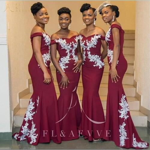 Vintage Burgundy Satin Mermaid Bridesmaid Dresses White Appliques Off the Shoulder Wedding Party Gowns Plus Size Women Dresses