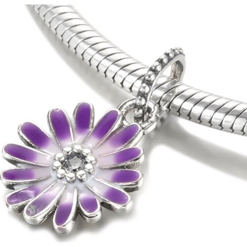 Authentic S925 Silver Pendant Bead fit Lady Bracelet Bangle Purple Daisy Dangle Charms DIY Jewelry