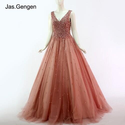 Robe de soiree Long Evening Dress V Neck Hand Beaded cristal Big Ball Gown Bridal Prom Dresses 2020