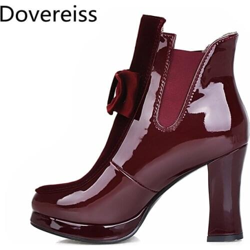 Dovereiss Fashion Womens Shoes Winter Pure color Bowknot butterfly knot Block heels Slip on Round toe Short boots big size 48