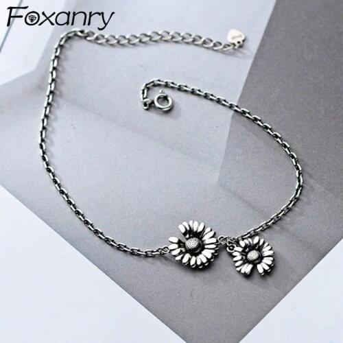 Foxanry 925 Sterling Silver Smiley Trendy Chain Bracelet for Women Vintage Creative Daisy Pendant Birthday Party Jewelry Gifts