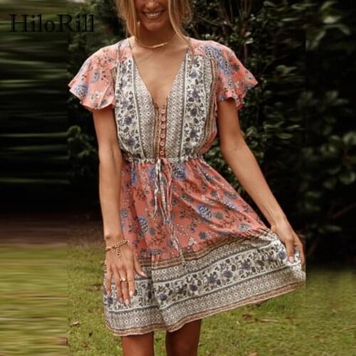 HiloRill Summer Elegant Floral Print Mini Dress Boho Style Pleated Beach Dress V Neck Short Sleeve Casual Dress Vestidos Mujer