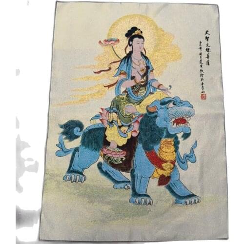 Chinese Thangka Embroidery Handmade Silk Great Wisdom Manjusri Bodhisattva Painting