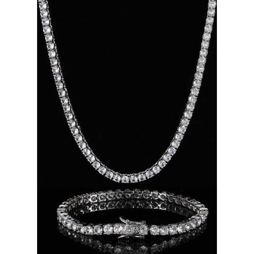 3mm Cubic Zircon Tennis Chain Set, 16-24 Inch Necklace/7-9 Inch Bracelet by Rhodium/Gold Plating, High Quality Hip Hop Jewelry