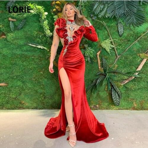 LORIE Arabic Evening Dress High Neck Long Sleeves Ruffles High Side Split Mermaid Luxury Crystals Prom Gown Red Party Dress 2021