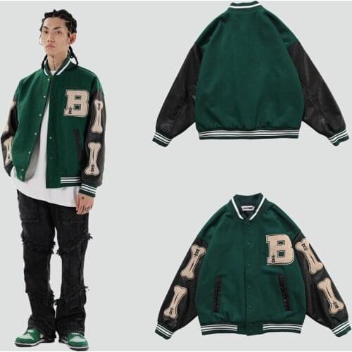 Hip Hop Streetwear Baseball Jacket Coat Letter B Bone Fashion Patchwork Outwear Mens Harajuku College Style Bomber Jacket 2021