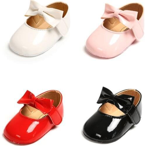 Newborn Baby Girls Shoes PU leather Buckle First Walkers With Bow Red Black Pink White Soft Soled Non-slip Crib Shoes