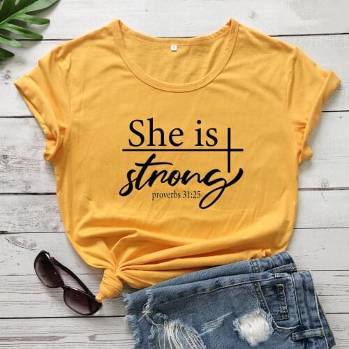 She Is Strong Proverbs 31:25 t shirt slogan church fashion unisex cotton Christianity quote religion gift vintage tees art tops