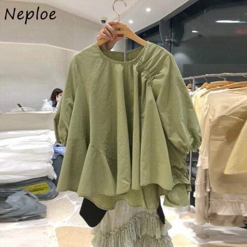 Neploe Pleated Blouse Women Solid Irregular O Neck Short Sleeve Ladies Blusa Shirts Summer 2021 Fashion Casual Female Tops 1E002