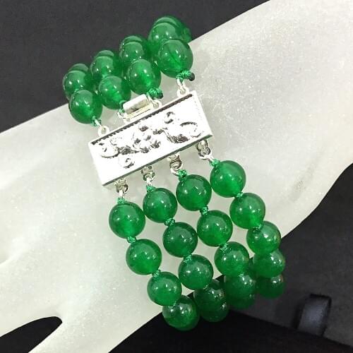 Lovely malaysia green 8mm round chalcedony jades stone beads 4 rows silver-color clasp chain bracelet jewelry 7.5inch B1519