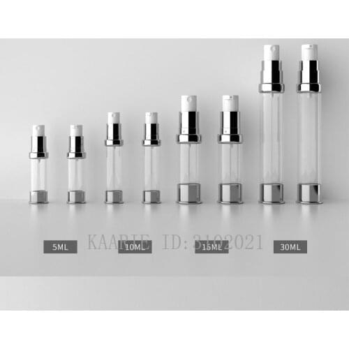 30pcs/lot 5ml10ml15ml30ml Empty Cosmetic Airless Lotion Bottle, DIY Portable Silver Essence Vacuum Spray Bottle Cosmetic Package