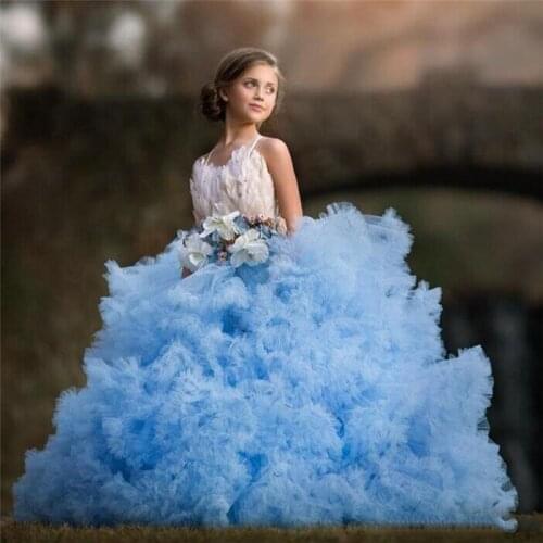 Luxury Sky Blue Flower Girls Dresses Father Bow Tulle Communion Dress Tiered Toddler Kids Birthday Dresses