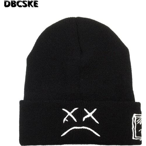 Unisex Sad Face Embroidery Short Soft Beanies Cap Men Women Cartoon People Outdoor Windproof Keep Warm Hat Snow Cold Autumn W109
